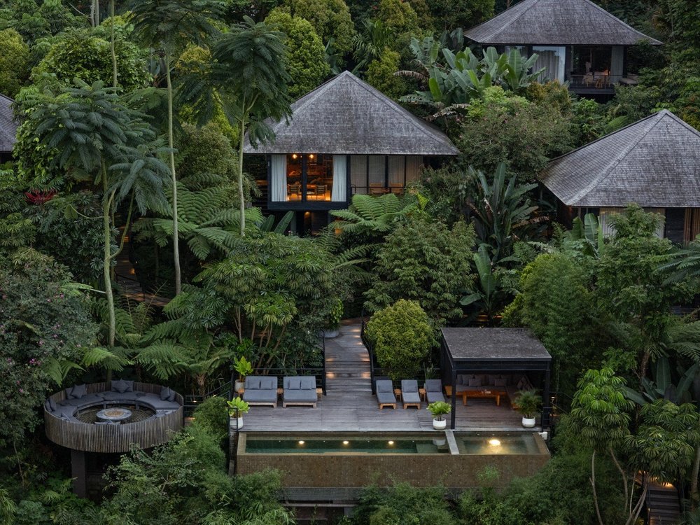 Aerial view over the cabins and the valley